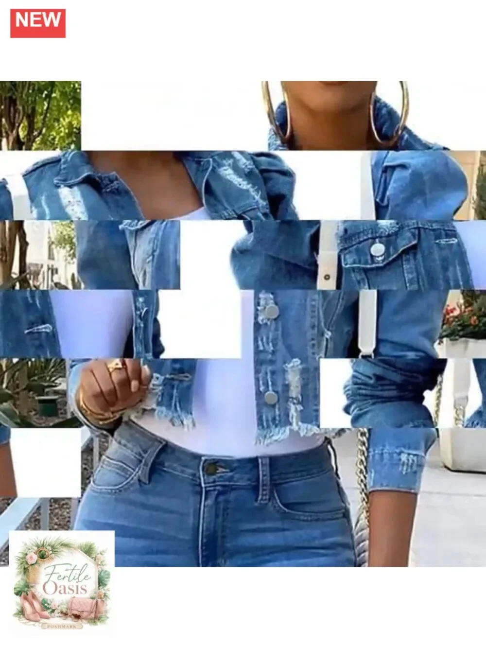 Women's Cotton Denim Jacket Cropped Puff Sleeve Long-Sleeve Frayed Hem
